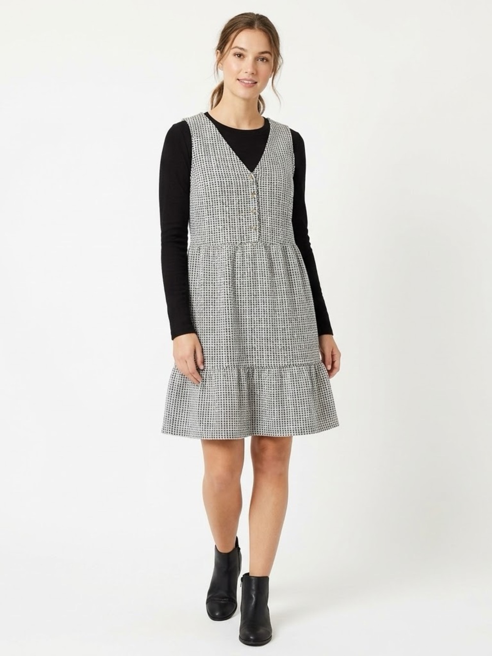 LOFT Houndstooth Tiered Babydoll Dress S Small Sleeveless V-Neck Button Placket